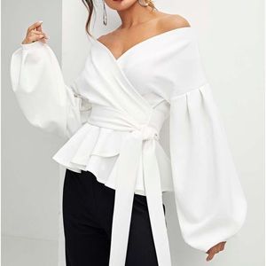 Luxe Classic White Off Shoulder Long Sleeve Wrap Blouse Top Shirt